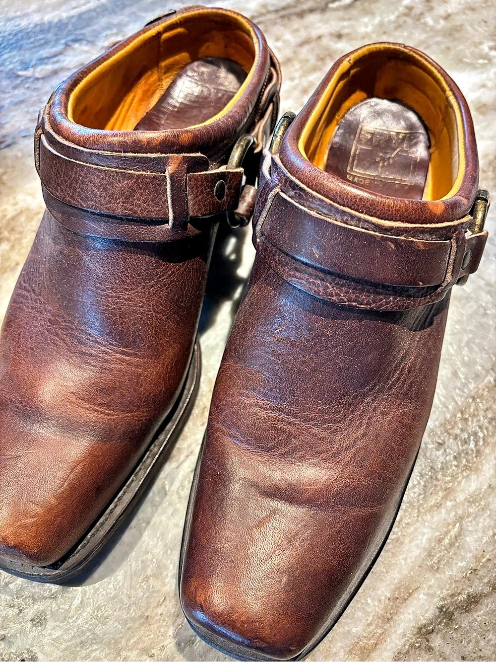 Frye Belted Harness Mule Brown Leather Heels